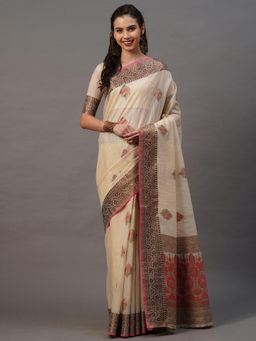 Akhilam - Cream Festive Silk Blend Woven Design Saree with Unstitched