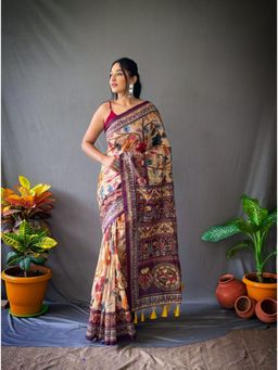 EXCLUSIVA - Yellow Kalamkari Print Cotton Saree with Unstitched Blouse