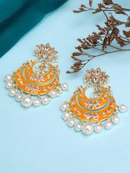 Karatcart - Gold Plated Yellow Meena Lotus Design Pearl Studded Chandbali Earrings for Women