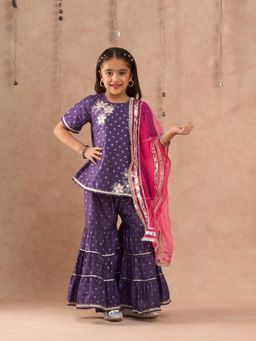 Lil Drama - Ethnic Girls Purple Kurta Sharara with Dupatta (Set of 3)