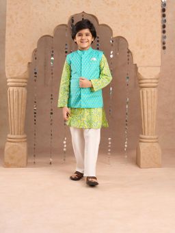 Lil Drama - Jaipur Boys Green Kurta & Pyjama With Jacket (Set of 3)