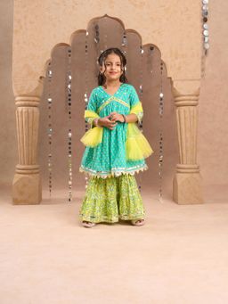 Lil Drama - Jaipur Girls Green Cotton Kurta With Sharara & Dupatta (Set of 3)