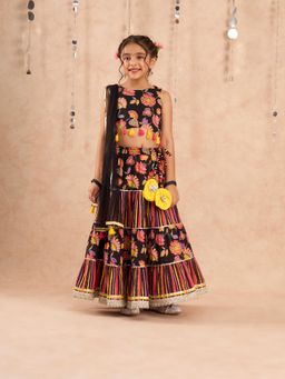 Lil Drama - Jaipur Girls Black Cotton Lehenga & Choli & Dupatta (Set of 3)
