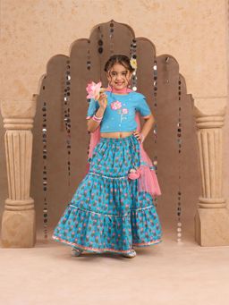 Lil Drama - Jaipur Girls Blue Cotton Lehanga and Choli with Ethnic Dupata (Set of 3)