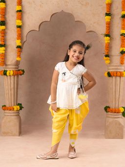 Lil Drama - Festive White Girls Cotton Kurta and Yellow Dhoti (Set of 2)