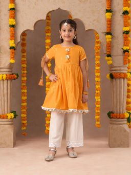 Lil Drama - Festive Girls Orange Cotton Kurta and White Palazzo (Set of 2)