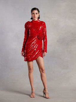 ZABELLA - Cassidy Red Sequin Draped Mini Dress