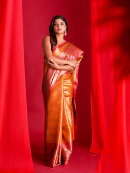 Beatitude - Orange Woven Banarasi Saree with Unstitched Blouse