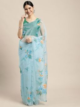 Vastranand - Blue & Yellow Floral Printed Organza Saree with Unstitched Blouse