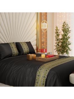 Stoa Paris - Applique Print Black Satin Double Bedsheet with 2 Pillow Covers