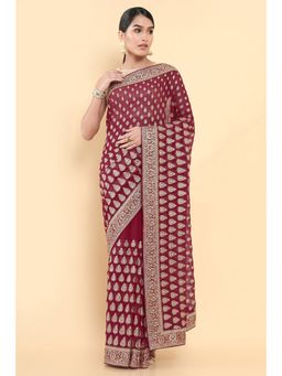 Soch - Women Maroon Georgette Embroidered Saree with Unstitched Blouse