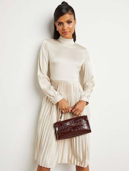 Styli - Beige High Neck Pleated A-line Knee Length Dress