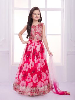 Mini Stitch - Girls Organza Floral Embroidered Lehenga with Choli and Dupatta- Pink