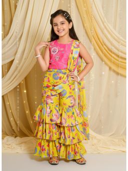 Mini Stitch - Girls Digital Printed Top and Sharara with Attached Dupatta- Multi-Color