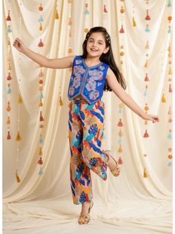 Mini Stitch - Girls Sleeveless Digital Embroidered Crop Top and Palazzo- Blue
