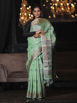Beatitude - Green Shade Handwoven Zari Linen Saree with Unstitched Blouse