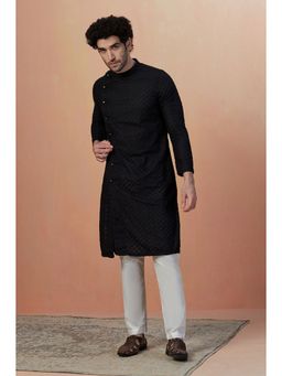 Manyavar - Blended Cotton Black Embroidery Mandarin Collar Kurta with Pencil Pajama (Set of 2)