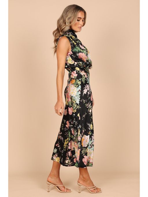 Buy Petal & Pup Black Floral Anabelle Halter Neck Midi Dress (L) Online