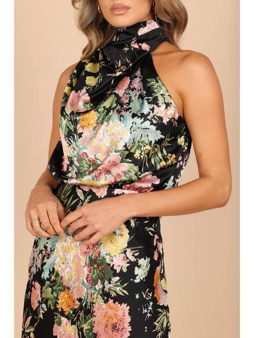 Buy Petal & Pup Black Floral Anabelle Halter Neck Midi Dress (L) Online
