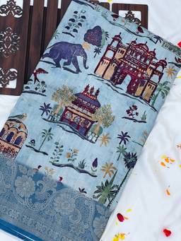 Ekana Label - Adweta Saree of Captivating Elephants in Sky Blue with Unstitched Blouse
