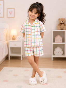 The Magic Wand - Cotton Half Sleeves Checkered Printed Shirt with Shorts-White