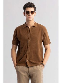 Snitch - Brown Textured Self-Design Half Sleeves Slim Casual Shirt for Men