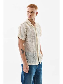 Snitch - Cream Textured Self-Design Half Sleeves Boxy Casual Shirt for Men