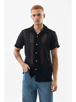 Snitch - Black Textured Self-Design Half Sleeves Boxy Casual Shirt for Men
