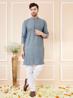 See Designs - Grey Ethnic Motifs Silk Jacquard Woven Design Straight Kurta