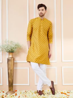 See Designs - Mustard Ethnic Motifs Silk Jacquard Woven Design Straight Kurta