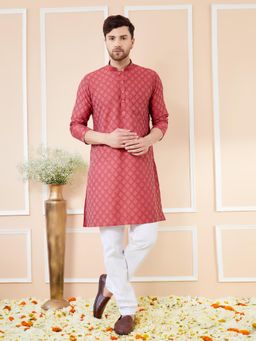 See Designs - Red Ethnic Motifs Silk Jacquard Woven Design Straight Kurta