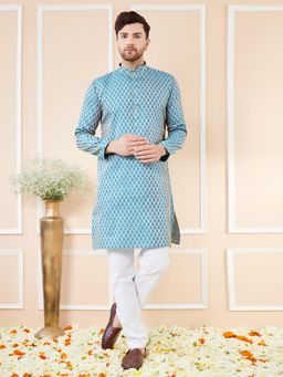 See Designs - Blue Ethnic Motifs Silk Jacquard Woven Design Straight Kurta