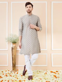 See Designs - Grey Ethnic Motifs Silk Jacquard Woven Design Straight Kurta