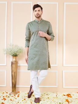 See Designs - Green Ethnic Motifs Silk Jacquard Woven Design Straight Kurta