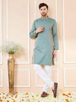 See Designs - Teal Ethnic Motifs Silk Jacquard Woven Design Straight Kurta