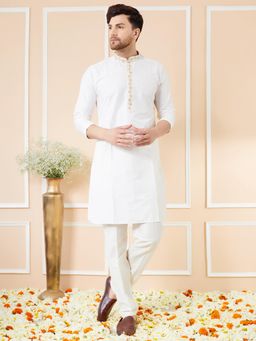 See Designs - Cream Solid Cotton Straight Kurta with Embroidered Neckline