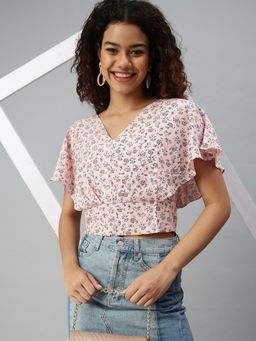 SHOWOFFFF - Women V-Neck Floral Peach Top