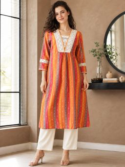 Gahan - Pure Cotton Handloom Woven Stripes A-Line Kurta with Pant