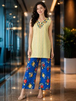 Gahan - Womens Pure Cotton Handloom Woven Kurta with Printed Palazzo