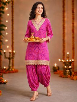 Gahan - Womens Pink Bandhani Printed Poly Silk Lace Kurta with Patiala Salwar