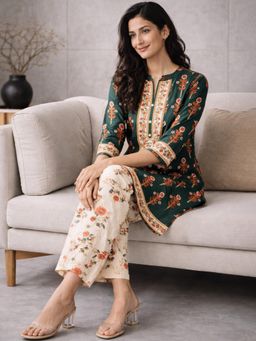 Gahan - Womens Green Floral Printed Loose Fit Pure Cotton Kurta with Pant