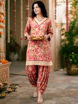Gahan - Womens Coral Pink Floral Printed Viscose Rayon Kurta with Patiala Salwar
