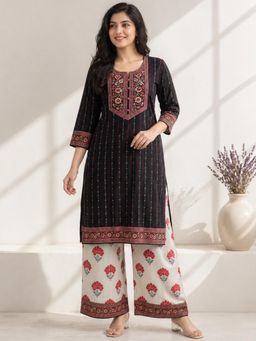 Gahan - Womens Black Handloom Stripes Pure Cotton Kurta with Palazzo