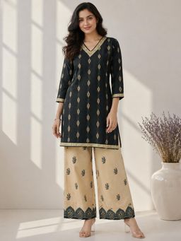 Gahan - Womens Black Handloom Pure Cotton Zari Lace Detailing Printed Kurta with Palazzo