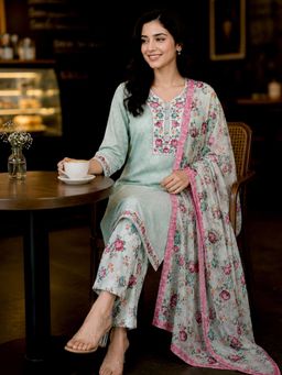 Gahan - Pista Green Floral Printed Cotton Blend Straight Kurta & Pant with Dupatta