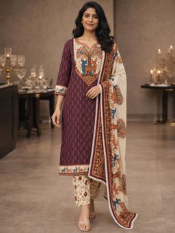 Gahan - Womens Maroon Woven Printed Motifs Patchwork Kurta & Pant with Dupatta