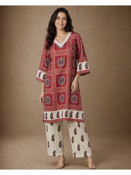 Gahan - Womens Rust Loose Fit Embroidered Mirror Lace Kurta with Palazzo