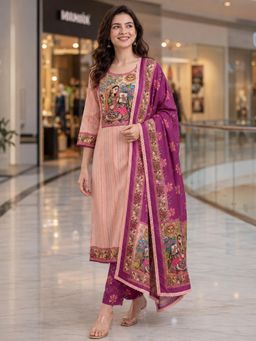 Gahan - Peach Handloom Dobby Weave Pure Cotton Kurta with Pant & Dupatta