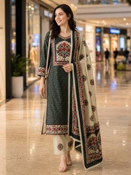 Gahan - Green Handloom Dobby Weave Pure Cotton Printed Kurta with Pant & Dupatta