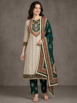 Gahan - Beige Handloom Dobby Weave Pure Cotton Kurta with Pant & Dupatta